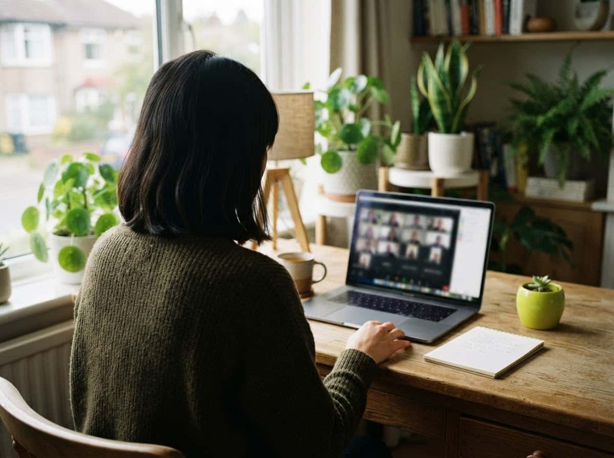 Une personne suit une formation en visioconférence depuis chez elle