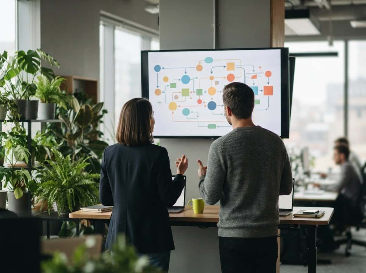 Deux consultants devant un écran montrant un schéma de processus