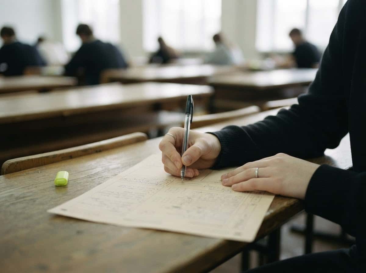 Une main remplit une copie d'examen dans une salle calme