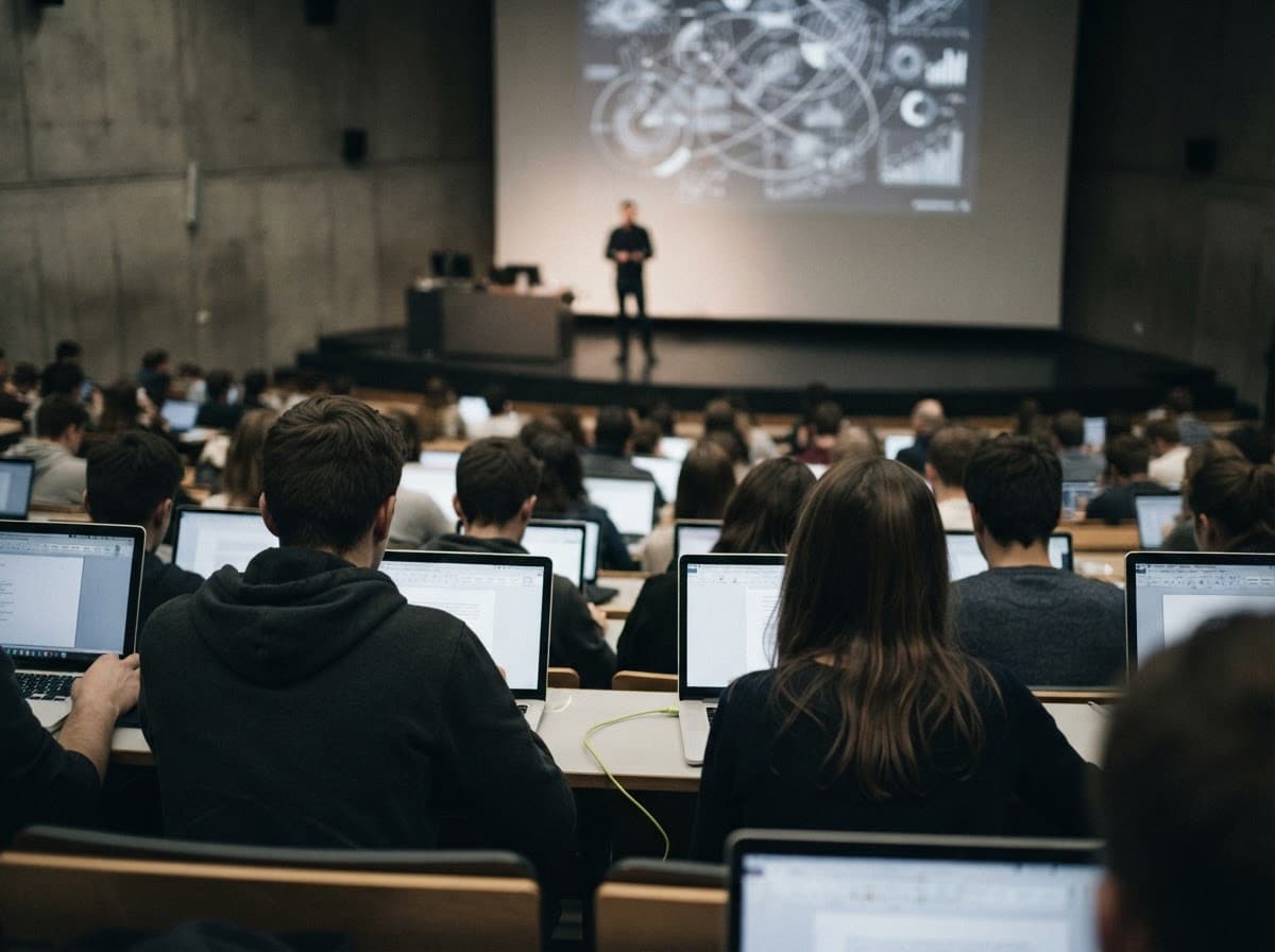 Un amphithéâtre d'université vu du fond de la salle