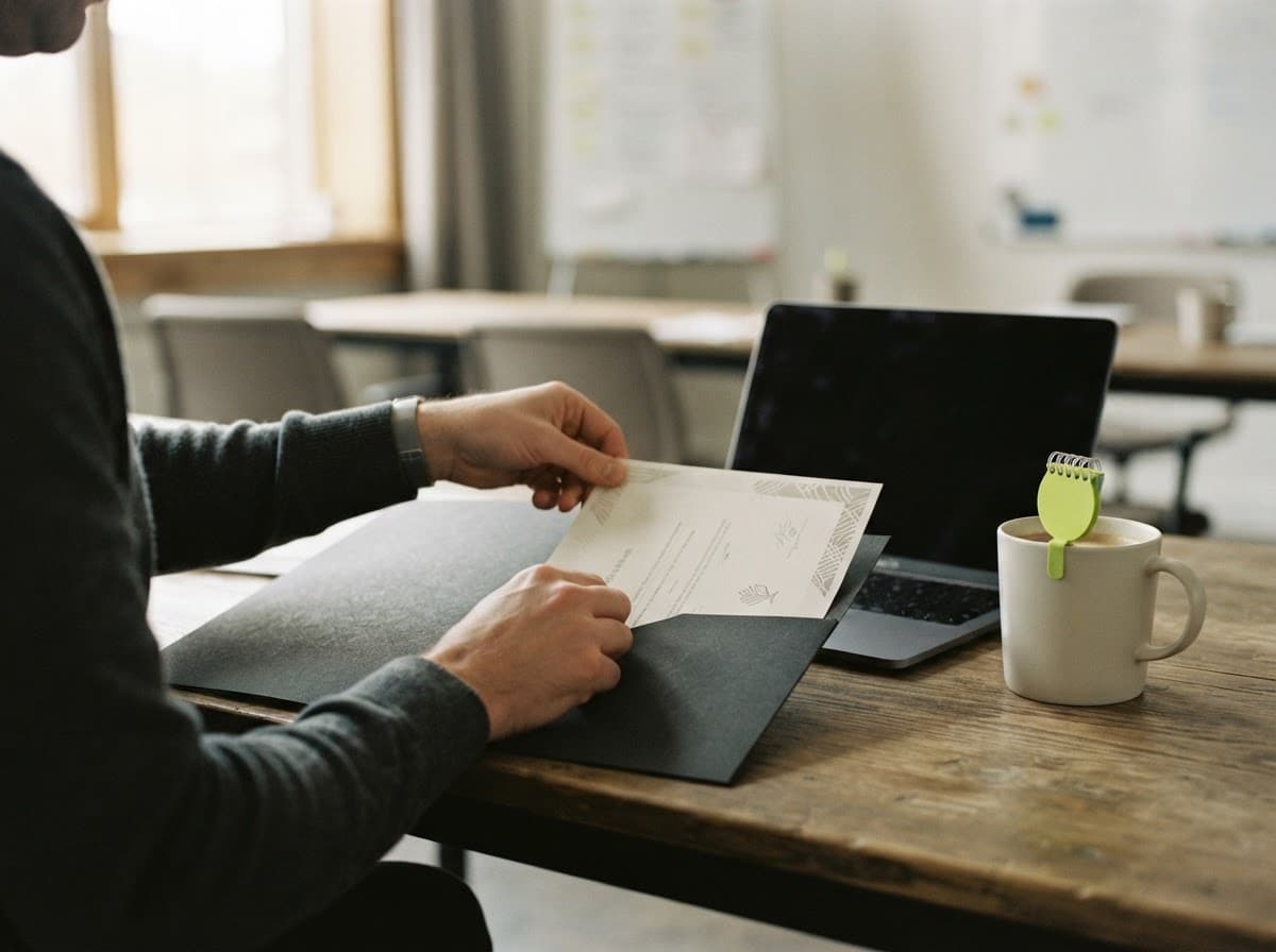 Un formateur range une attestation dans un dossier, à côté de son ordinateur